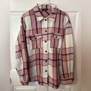 Automet Pink Plaid Heavy Flannel Button Up Shirt Jacket